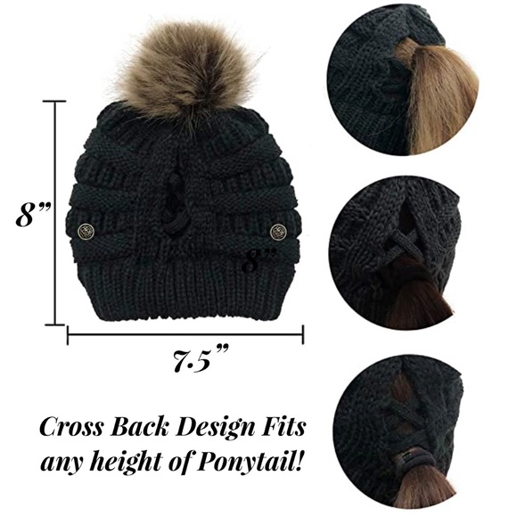 Black Knit Criss Cross Ponytail Pom Pom Beanie - Picture 15 of 15